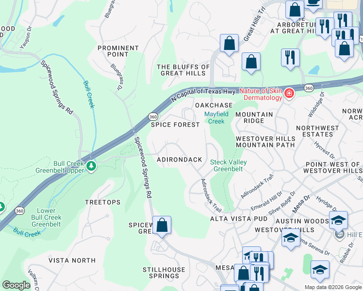 map of restaurants, bars, coffee shops, grocery stores, and more near 8527 Adirondack Trail in Austin