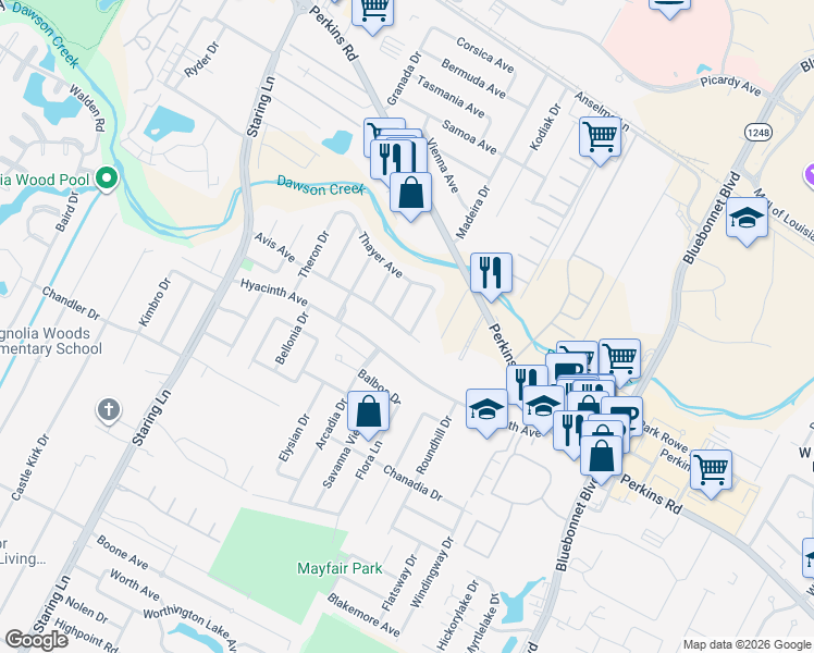 map of restaurants, bars, coffee shops, grocery stores, and more near 9527 Avis Avenue in Baton Rouge