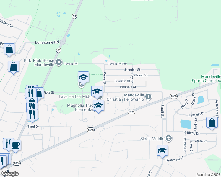 map of restaurants, bars, coffee shops, grocery stores, and more near 1622 Penrose Street in Mandeville