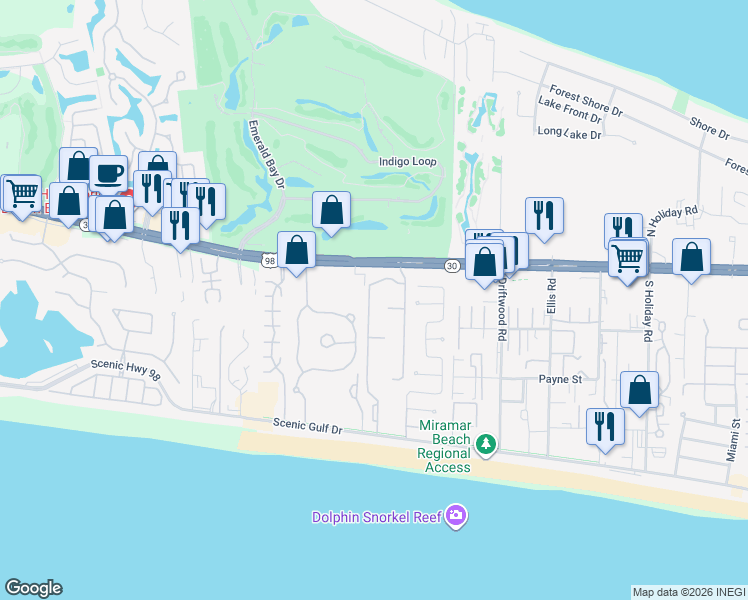 map of restaurants, bars, coffee shops, grocery stores, and more near 187 Maravilla Drive in Destin