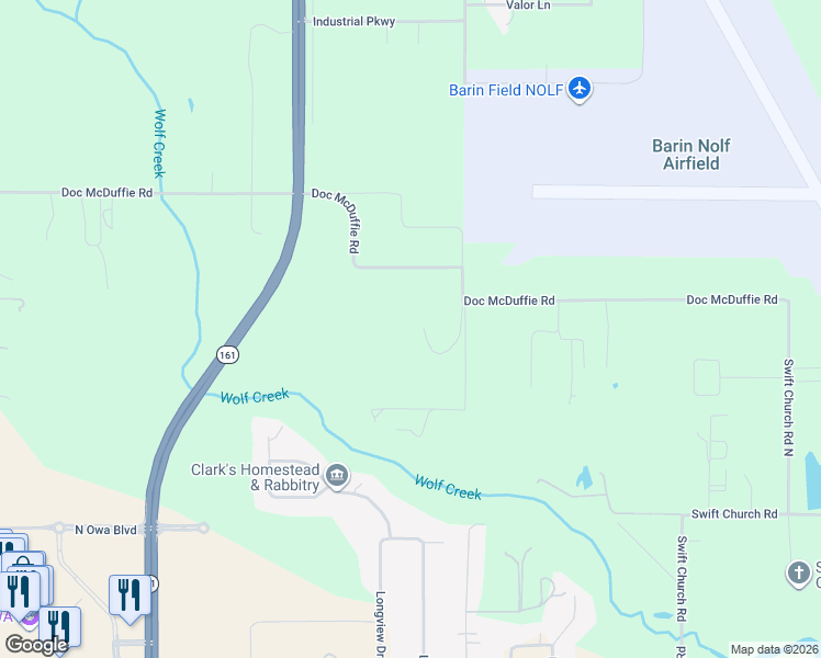 map of restaurants, bars, coffee shops, grocery stores, and more near 22506 Doc McDuffie Road in Foley