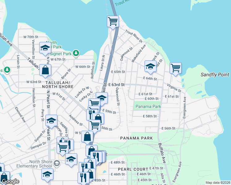 map of restaurants, bars, coffee shops, grocery stores, and more near 7118 Oakwood Street in Jacksonville