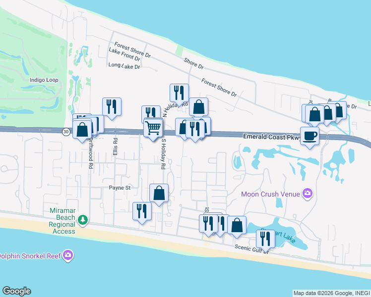 map of restaurants, bars, coffee shops, grocery stores, and more near 280 Business Centre Drive in Miramar Beach