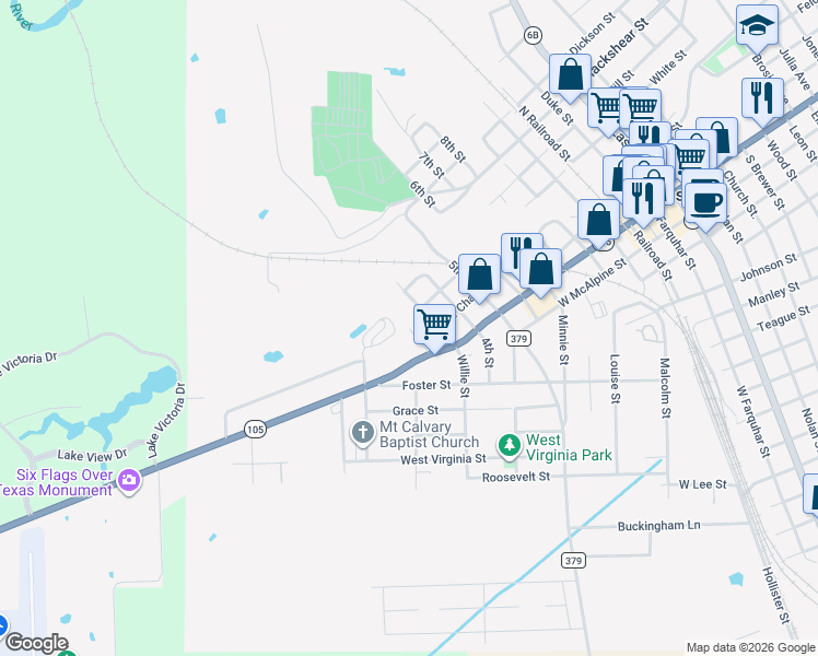 map of restaurants, bars, coffee shops, grocery stores, and more near 2nd Street in Navasota