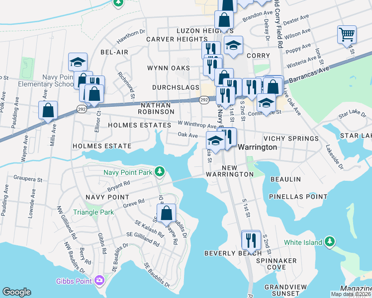 map of restaurants, bars, coffee shops, grocery stores, and more near 303 Chattman Street in Pensacola