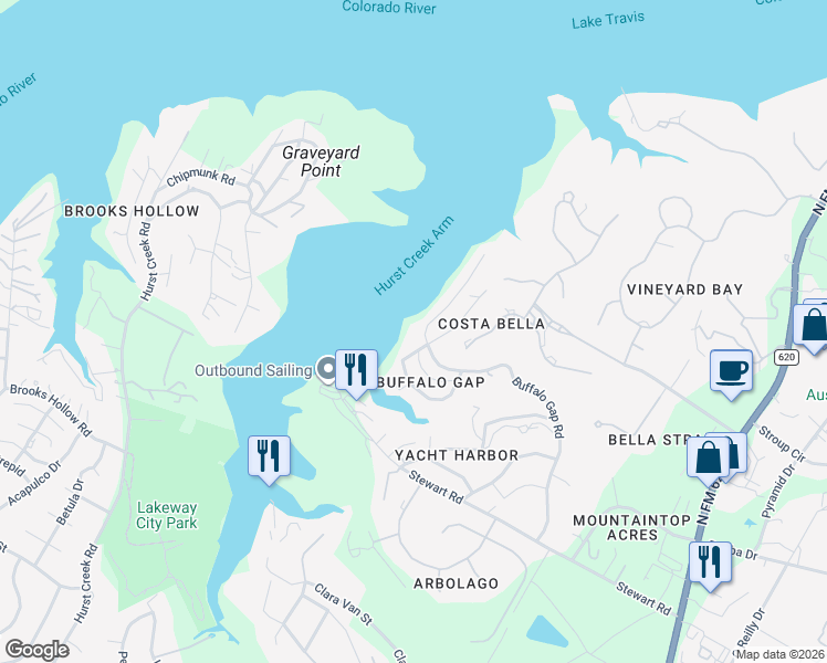 map of restaurants, bars, coffee shops, grocery stores, and more near 16425 Lake Loop in Austin