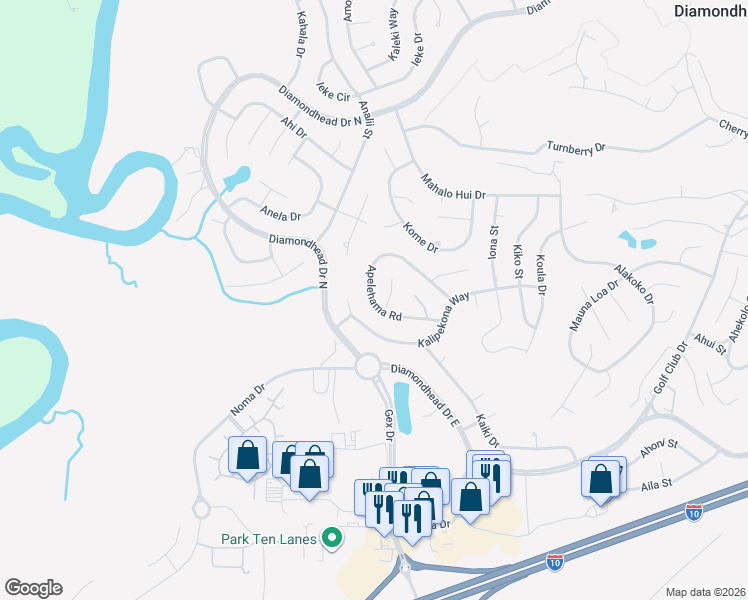 map of restaurants, bars, coffee shops, grocery stores, and more near 6418 Apelehama Road in Diamondhead