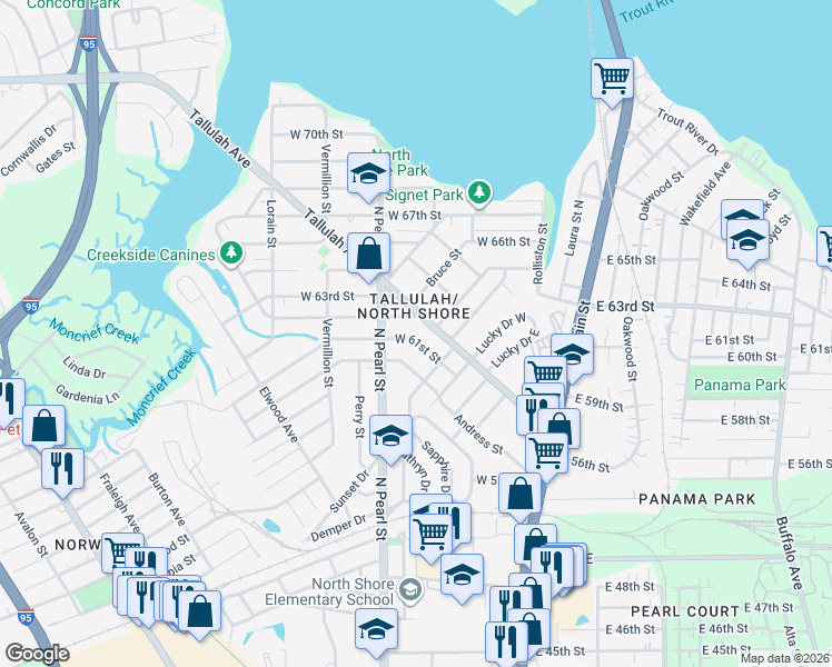 map of restaurants, bars, coffee shops, grocery stores, and more near 225 West 61st Street in Jacksonville