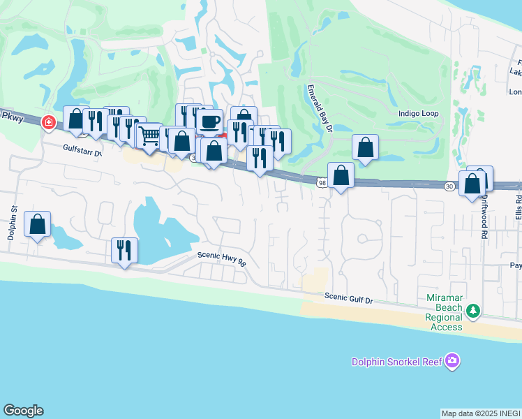 map of restaurants, bars, coffee shops, grocery stores, and more near 36474C Emerald Coast Parkway in Destin