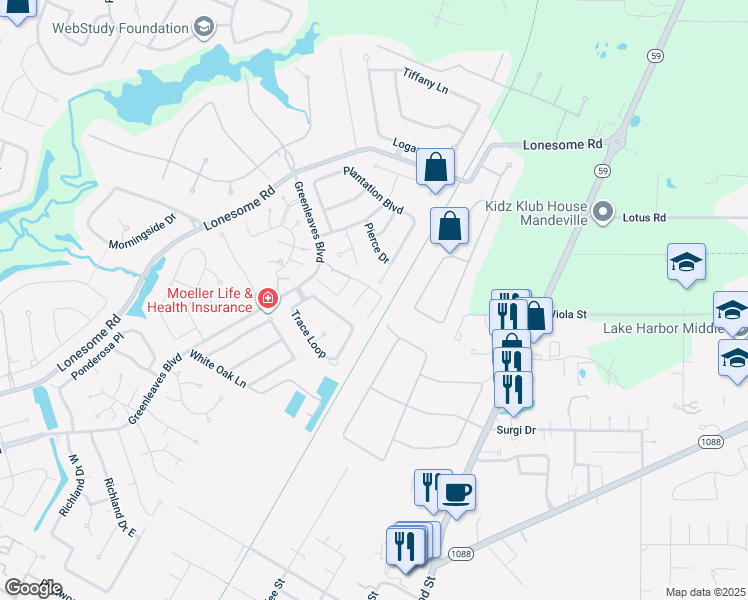 map of restaurants, bars, coffee shops, grocery stores, and more near 300/306 Pineridge Drive in Mandeville