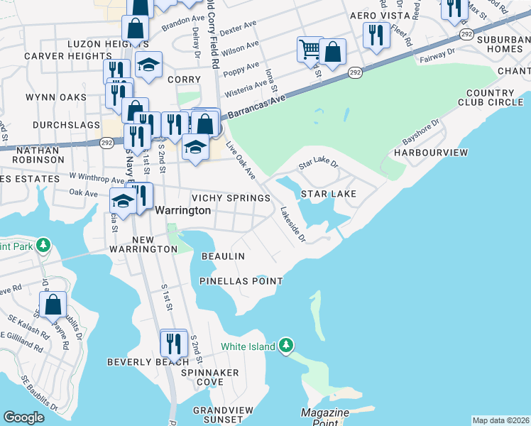 map of restaurants, bars, coffee shops, grocery stores, and more near 606 East Palmetto Avenue in Pensacola