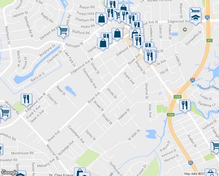 map of restaurants, bars, coffee shops, grocery stores, and more near 7463 Oriole Street in Jacksonville