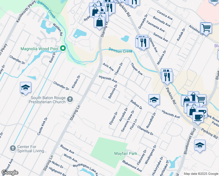 map of restaurants, bars, coffee shops, grocery stores, and more near 1435 Bellonia Drive in Baton Rouge