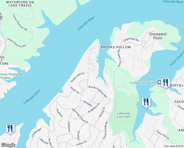 map of restaurants, bars, coffee shops, grocery stores, and more near 701 Brooks Hollow Road in Lakeway