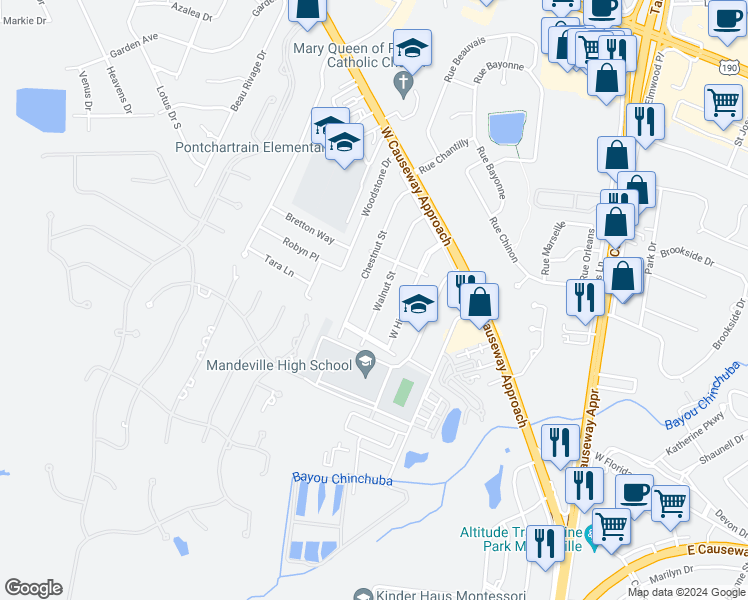 map of restaurants, bars, coffee shops, grocery stores, and more near 215 Walnut street in Mandeville