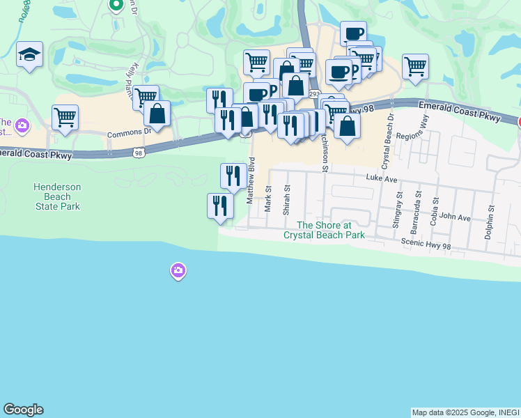 map of restaurants, bars, coffee shops, grocery stores, and more near 84 Mark Street in Destin