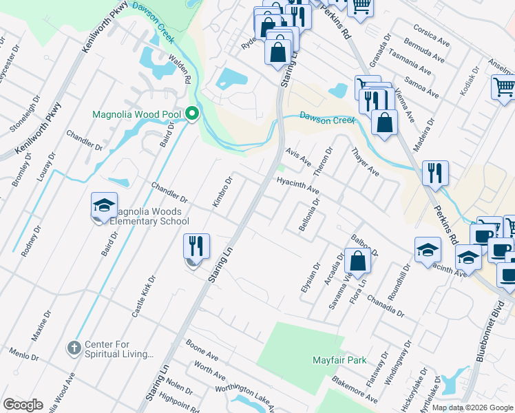 map of restaurants, bars, coffee shops, grocery stores, and more near 8923 Rickwood Drive in Baton Rouge