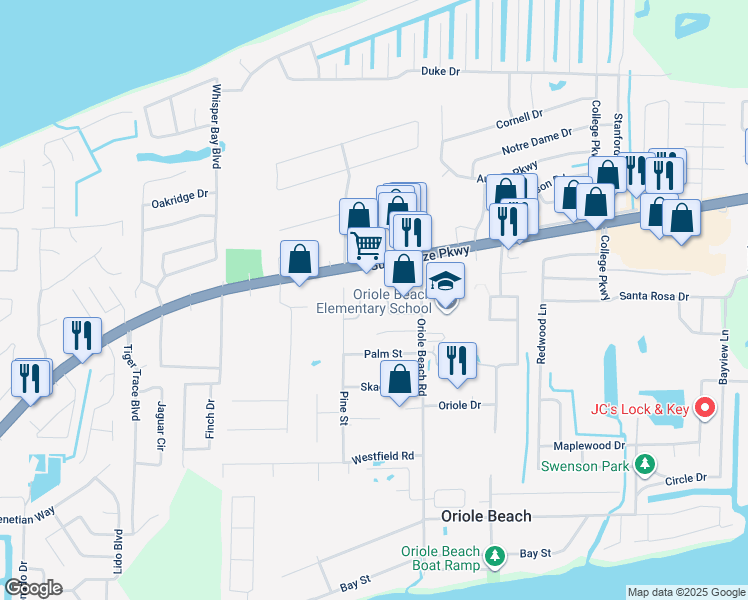 map of restaurants, bars, coffee shops, grocery stores, and more near 3019 Wind Meadow Drive in Gulf Breeze