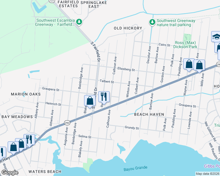 map of restaurants, bars, coffee shops, grocery stores, and more near 711 Calhoun Avenue in Pensacola