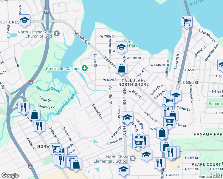 map of restaurants, bars, coffee shops, grocery stores, and more near 375 West 61st Street in Jacksonville