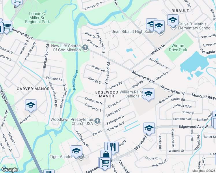 map of restaurants, bars, coffee shops, grocery stores, and more near 4241 Santee Road in Jacksonville