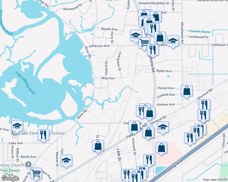 map of restaurants, bars, coffee shops, grocery stores, and more near 5114 Bay Street in Pascagoula