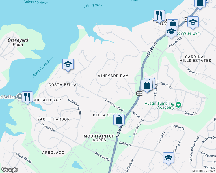 map of restaurants, bars, coffee shops, grocery stores, and more near 16034 Fontaine Avenue in Austin