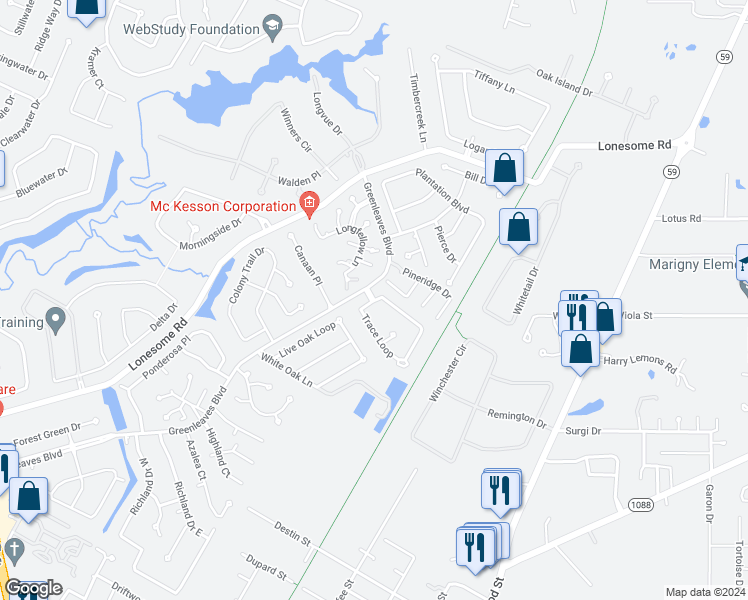 map of restaurants, bars, coffee shops, grocery stores, and more near 102 Trace Loop in Mandeville