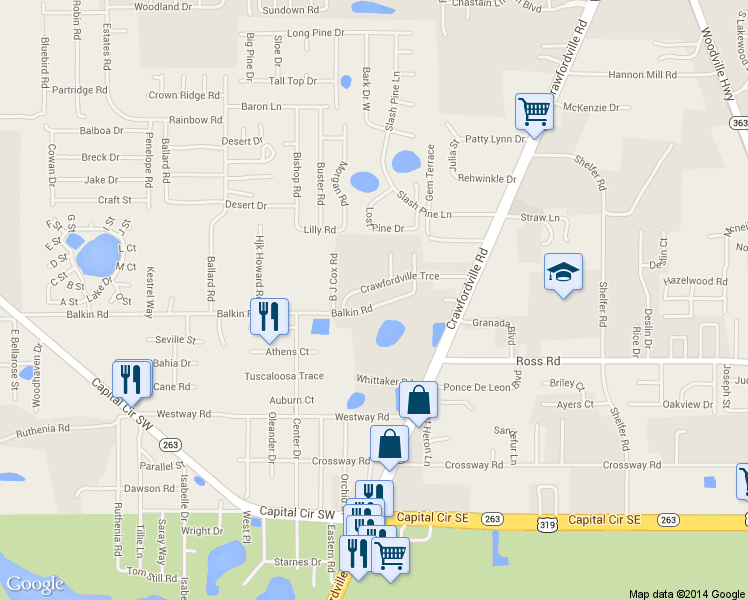 map of restaurants, bars, coffee shops, grocery stores, and more near 976 Balkin Road in Tallahassee