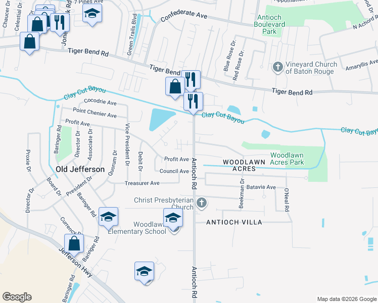 map of restaurants, bars, coffee shops, grocery stores, and more near 7450 Antioch Road in Baton Rouge