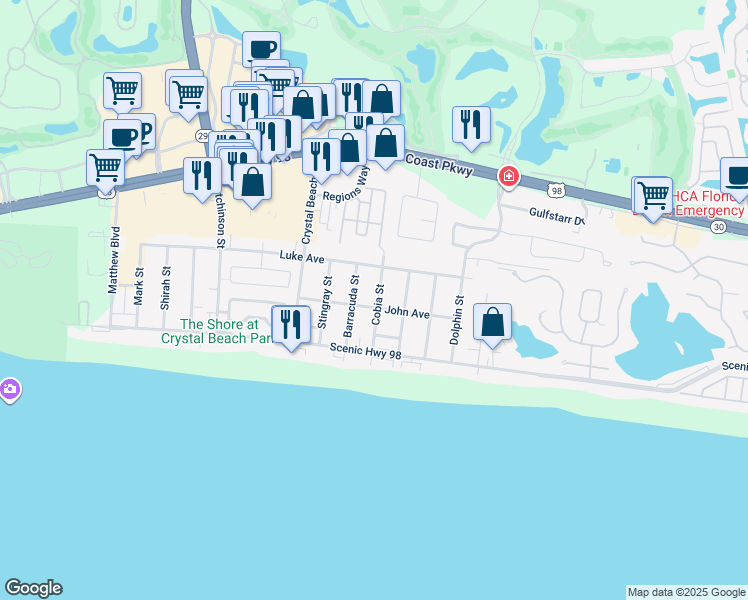 map of restaurants, bars, coffee shops, grocery stores, and more near 84 Cobia Street in Destin