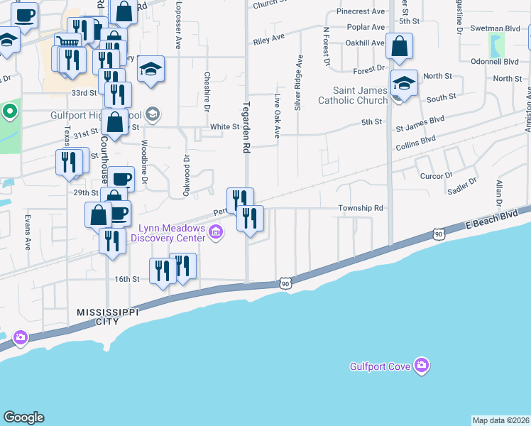 map of restaurants, bars, coffee shops, grocery stores, and more near 203 Markham Drive in Gulfport
