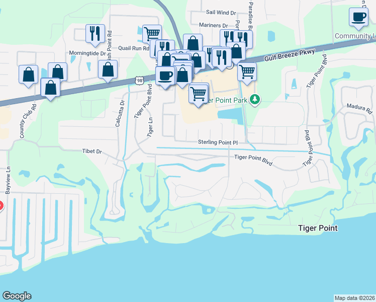 map of restaurants, bars, coffee shops, grocery stores, and more near 3716 Tiger Point Boulevard in Gulf Breeze