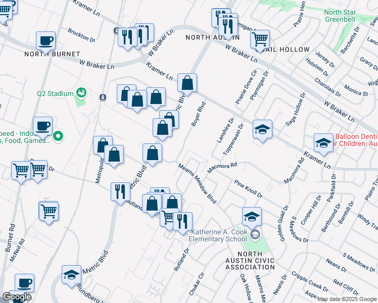 map of restaurants, bars, coffee shops, grocery stores, and more near 10510 Little Pebble Drive in Austin