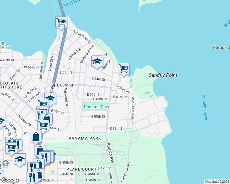 map of restaurants, bars, coffee shops, grocery stores, and more near 7124 Nelms Street in Jacksonville