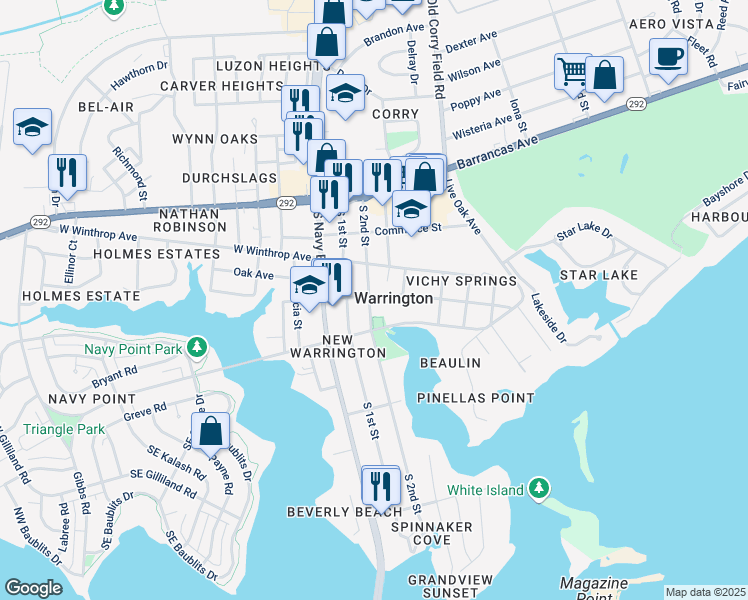 map of restaurants, bars, coffee shops, grocery stores, and more near 300 South 2nd Street in Pensacola