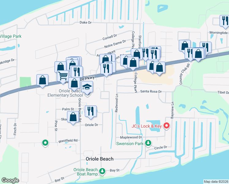 map of restaurants, bars, coffee shops, grocery stores, and more near 1267 Redwood Lane in Gulf Breeze