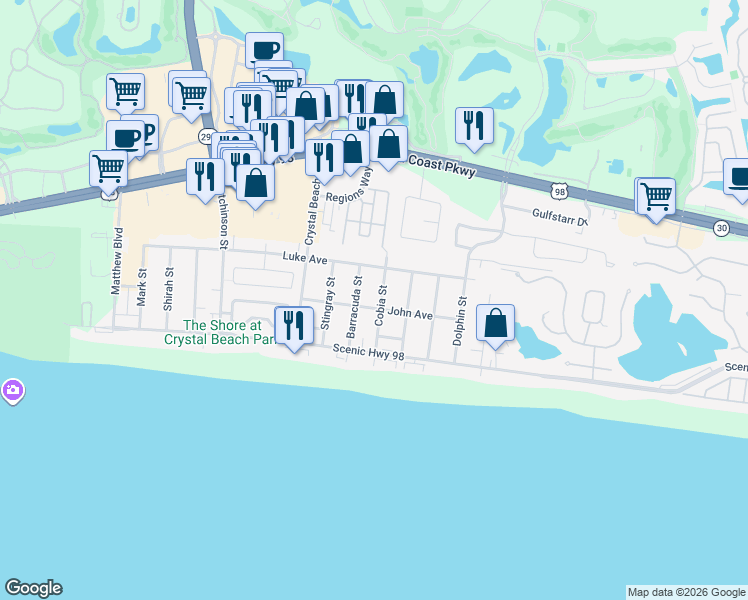 map of restaurants, bars, coffee shops, grocery stores, and more near 84 Cobia Street in Destin