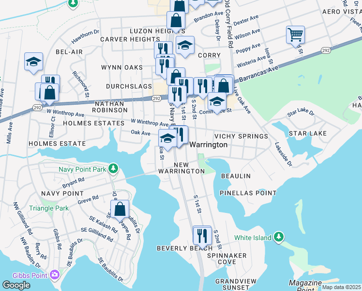 map of restaurants, bars, coffee shops, grocery stores, and more near 7 East Palmetto Avenue in Pensacola