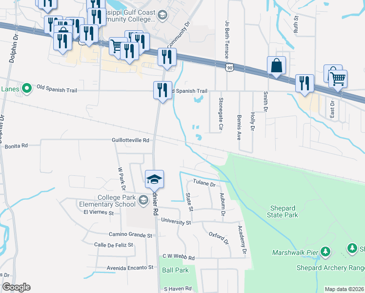 map of restaurants, bars, coffee shops, grocery stores, and more near 2201 Guillotteville Rd in Gautier