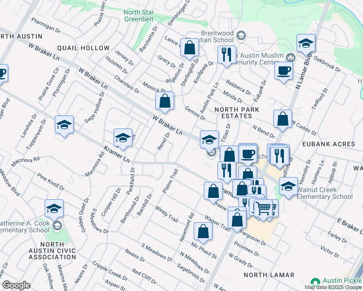 map of restaurants, bars, coffee shops, grocery stores, and more near 11208 Plains Trail in Austin