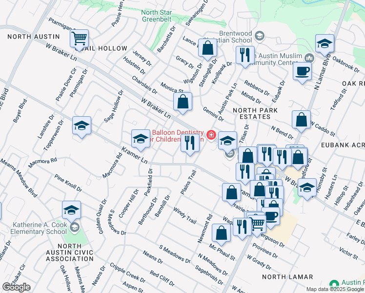 map of restaurants, bars, coffee shops, grocery stores, and more near 11201 Renel Drive in Austin
