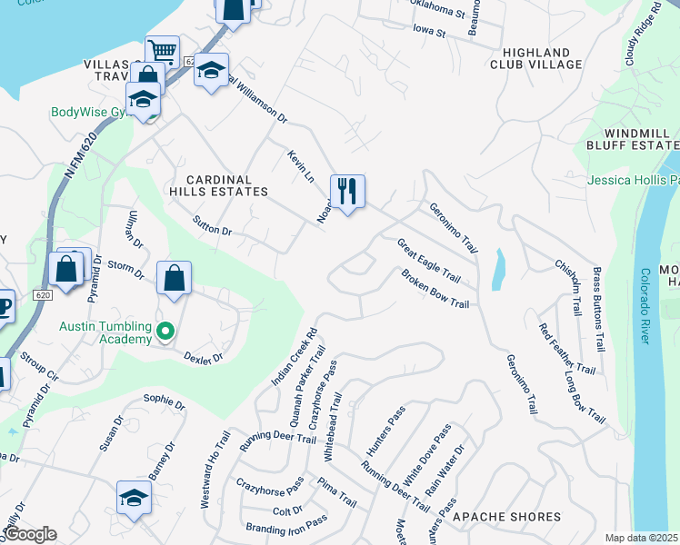 map of restaurants, bars, coffee shops, grocery stores, and more near 2801 Lariat Trail in Austin