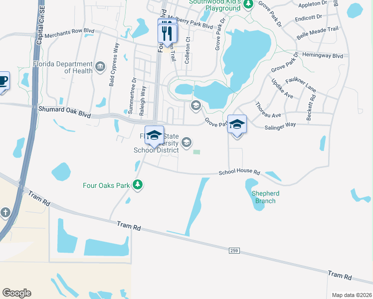 map of restaurants, bars, coffee shops, grocery stores, and more near 3000 School House Road in Tallahassee