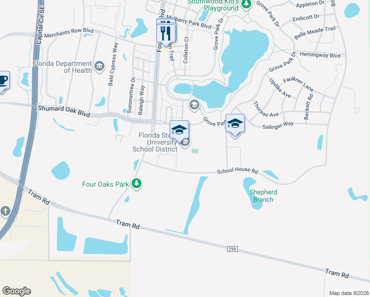 map of restaurants, bars, coffee shops, grocery stores, and more near 3000 School House Road in Tallahassee