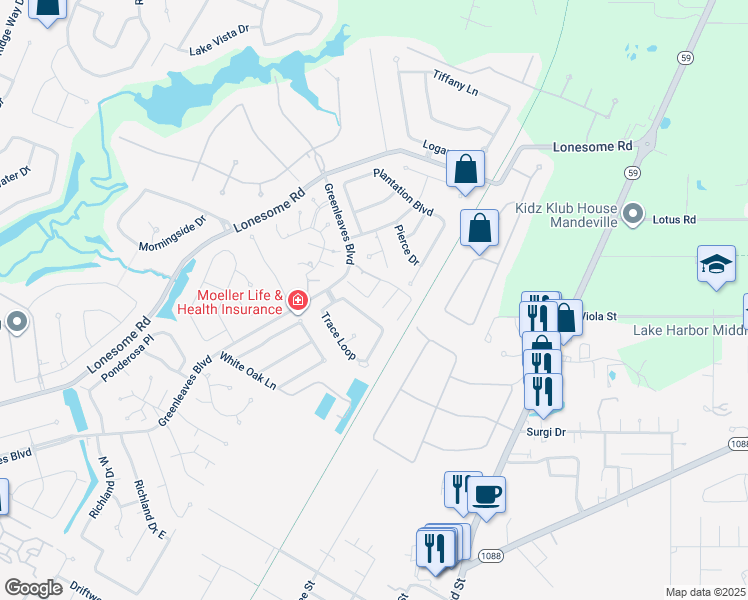 map of restaurants, bars, coffee shops, grocery stores, and more near 113 Pineridge Street West in Mandeville