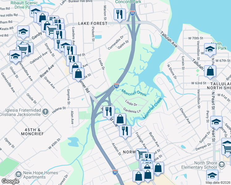 map of restaurants, bars, coffee shops, grocery stores, and more near 7023 Linda Drive in Jacksonville