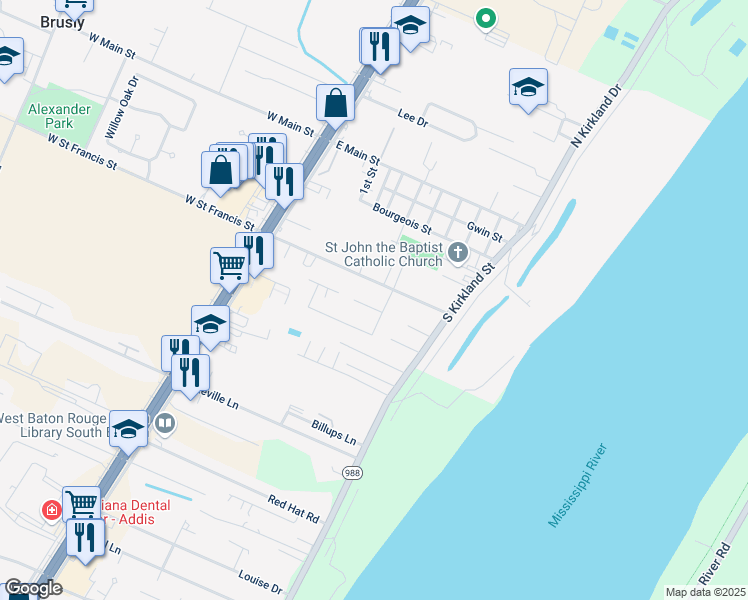 map of restaurants, bars, coffee shops, grocery stores, and more near 507 Marionneaux Street in Brusly