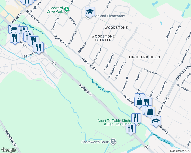 map of restaurants, bars, coffee shops, grocery stores, and more near 6638 Highland Road in Baton Rouge
