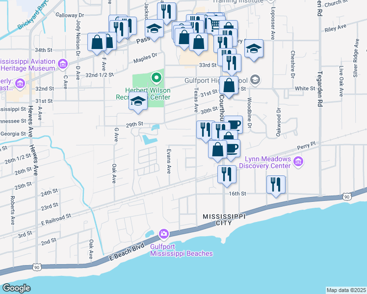 map of restaurants, bars, coffee shops, grocery stores, and more near 235 Pine St in Gulfport